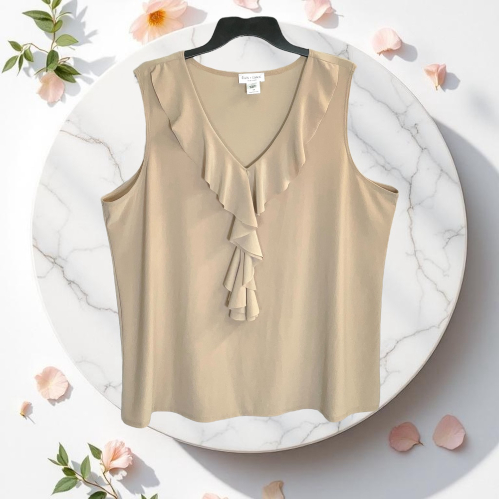 Elan & Grace NWT Tan Sleeveless Blouse w Ruffle Neckline/Front Women 3X - Picture 5 of 6